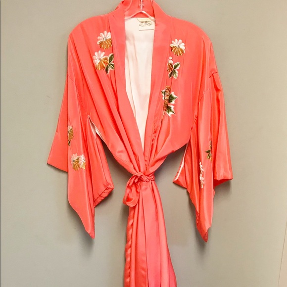 VINTAGE Long Kimono, Coral and Gold SZ M/L - Picture 2 of 8
